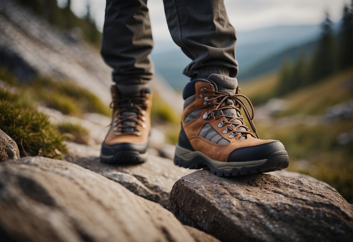 Redhead hiking boots grip a rocky trail, providing stability and traction on the rugged terrain