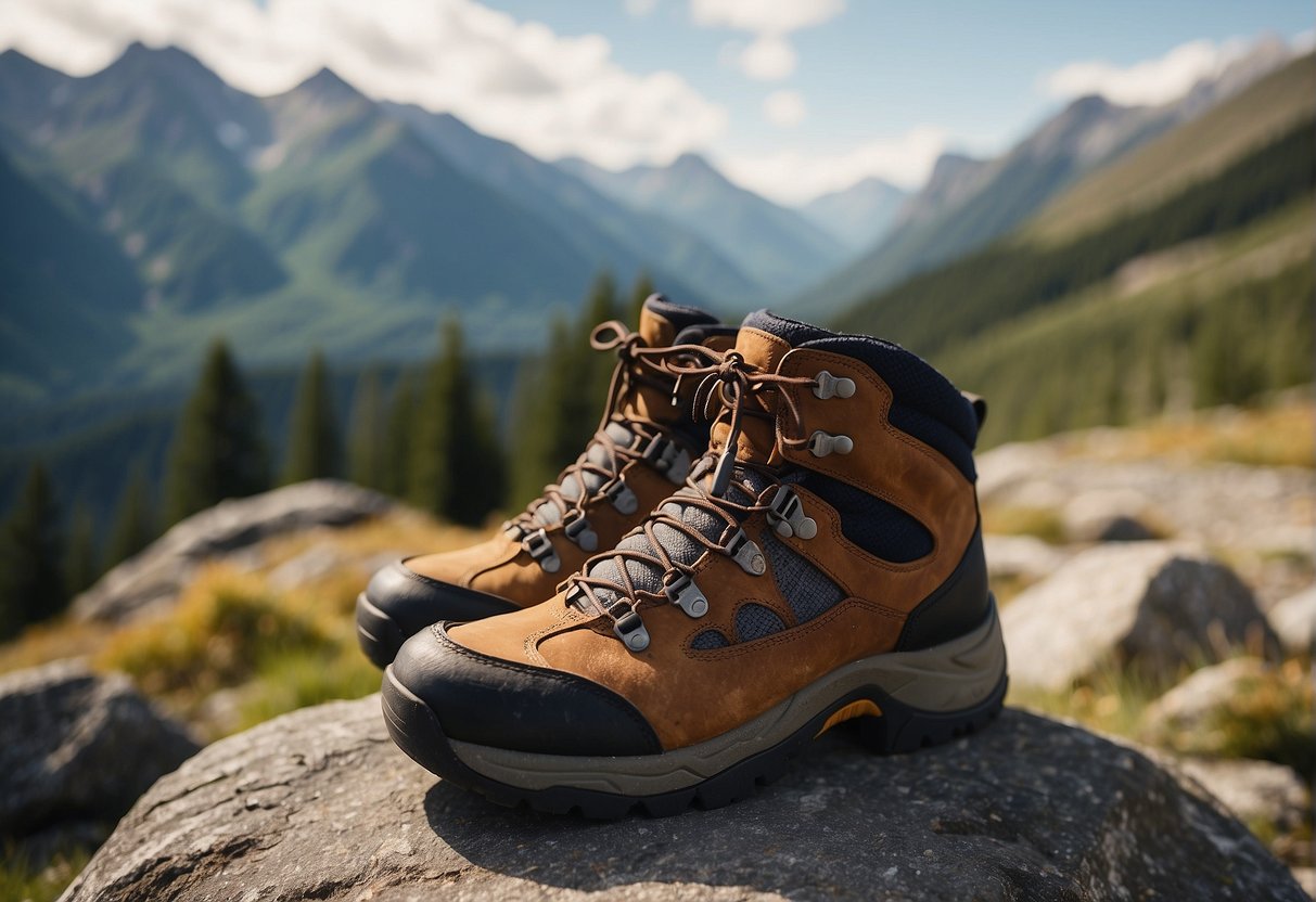 A pair of well-worn redhead hiking boots being cleaned and conditioned with care products, surrounded by outdoor gear and a mountainous backdrop