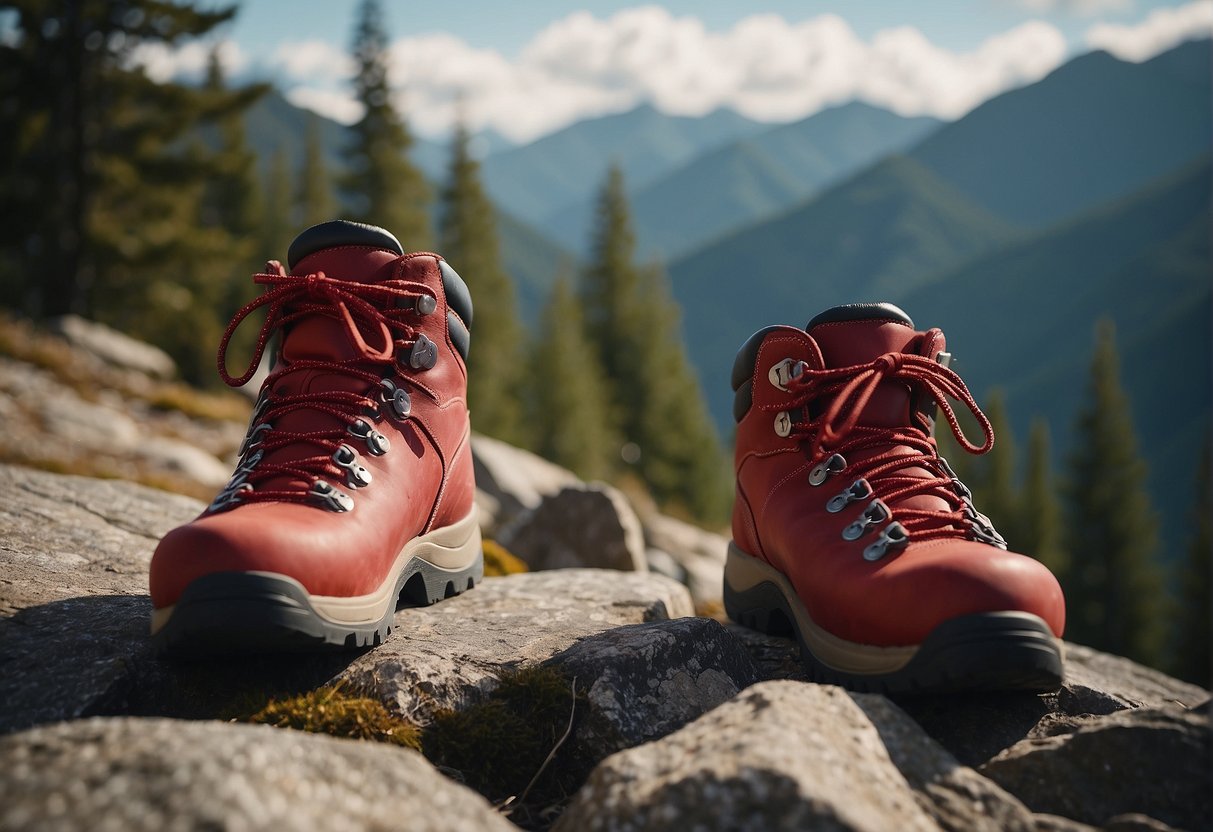 A pair of red hiking boots placed side by side on a rocky trail, with a backdrop of mountains and trees in the distance