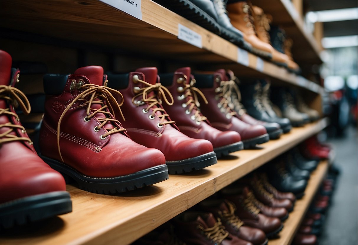 A hand reaches for a pair of sturdy, red hiking boots on a store shelf. The boots are surrounded by other outdoor gear