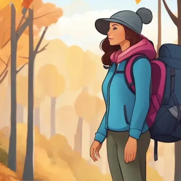 A woman wearing a layered fall hiking outfit, including a fleece jacket, waterproof boots, and insulated leggings, walking on a forest trail surrounded by autumn leaves.