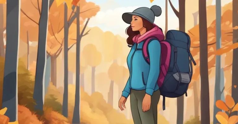 A woman wearing a layered fall hiking outfit, including a fleece jacket, waterproof boots, and insulated leggings, walking on a forest trail surrounded by autumn leaves.