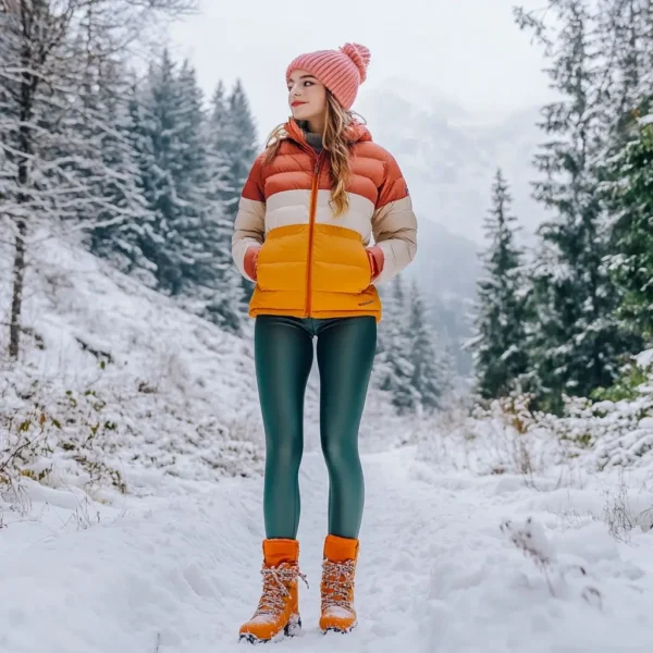 A modern and chic winter hiking outfit with a pastel-colored quilted jacket, patterned thermal pants, sleek insulated boots, and a cozy knitted hat, set against a picturesque snowy mountain range.