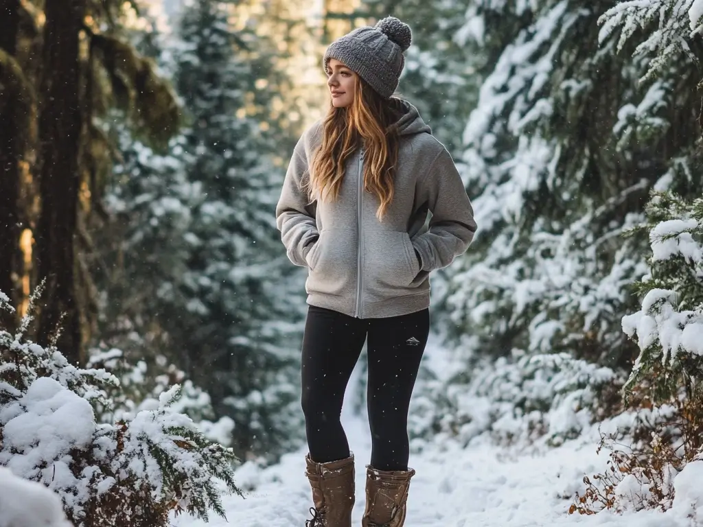 A woman standing on a snowy trail wearing a casual winter hiking outfit with fleece-lined leggings, a hoodie, waterproof boots, and a knitted beanie, surrounded by snow-covered trees.