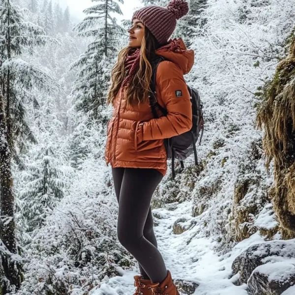 A woman on a snowy mountain trail wearing a bold insulated jacket, fleece-lined leggings, waterproof hiking boots, and a matching knitted beanie and scarf, surrounded by frosted trees. stylish hiking outfit winter