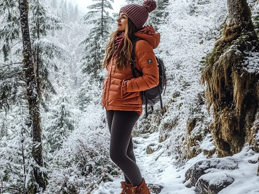 A woman on a snowy mountain trail wearing a bold insulated jacket, fleece-lined leggings, waterproof hiking boots, and a matching knitted beanie and scarf, surrounded by frosted trees. stylish hiking outfit winter