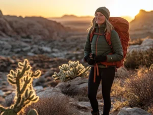 A hiker in a layered winter desert hiking outfit with an insulated jacket and waterproof boots, standing on a rocky trail at sunrise, surrounded by cacti. desert hiking outfit winter