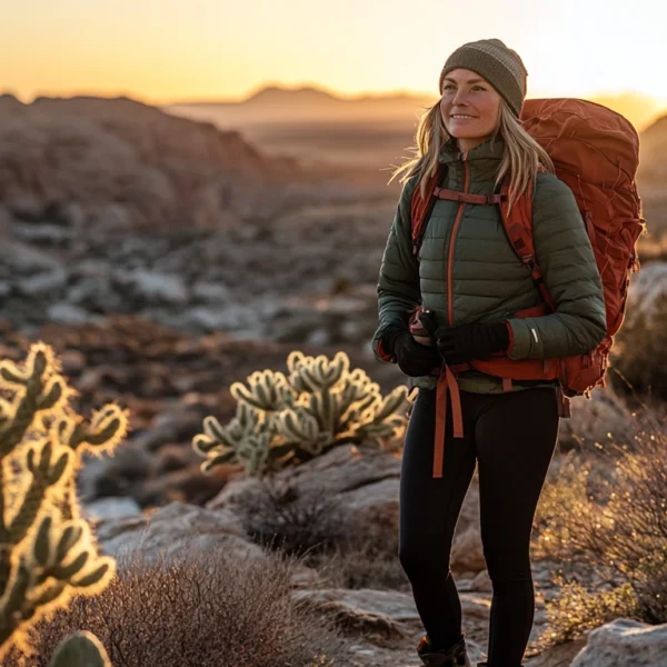 A hiker in a layered winter desert hiking outfit with an insulated jacket and waterproof boots, standing on a rocky trail at sunrise, surrounded by cacti. desert hiking outfit winter