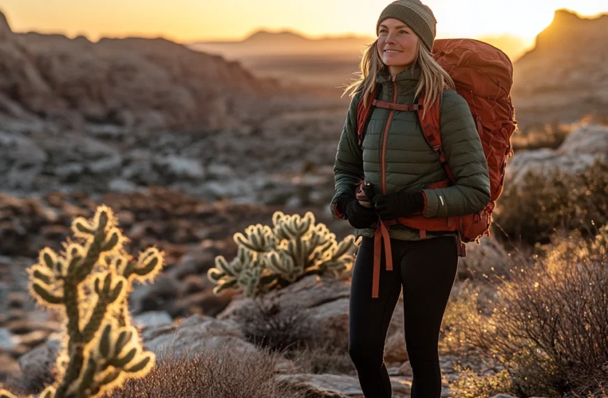 A hiker in a layered winter desert hiking outfit with an insulated jacket and waterproof boots, standing on a rocky trail at sunrise, surrounded by cacti. desert hiking outfit winter