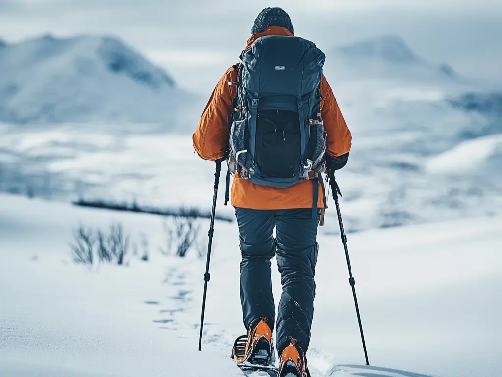 A winter trekker walking through deep snow in the mountains, wearing snowshoes, an insulated jacket, and carrying a large backpack with trekking poles. Winter Trekking