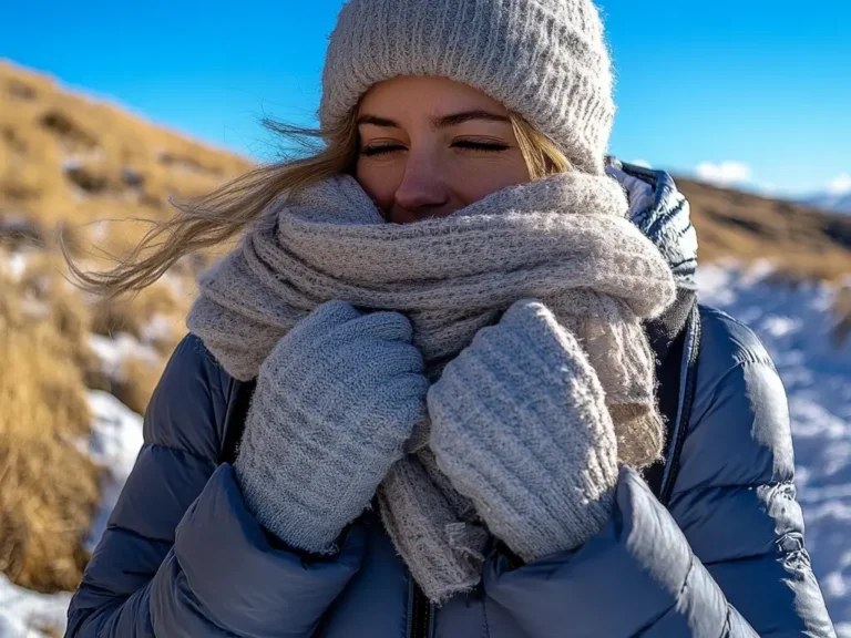 A woman adjusting her wool scarf and gloves while standing on a frosty trail, wearing a puffer jacket, thermal leggings, and waterproof boots, with a clear blue sky above. casual hiking outfit winter