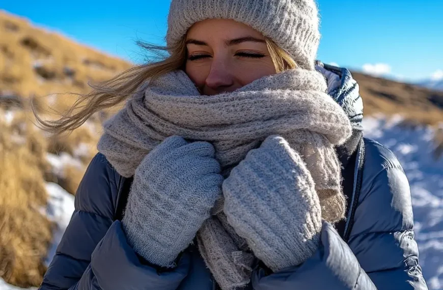 A woman adjusting her wool scarf and gloves while standing on a frosty trail, wearing a puffer jacket, thermal leggings, and waterproof boots, with a clear blue sky above. casual hiking outfit winter