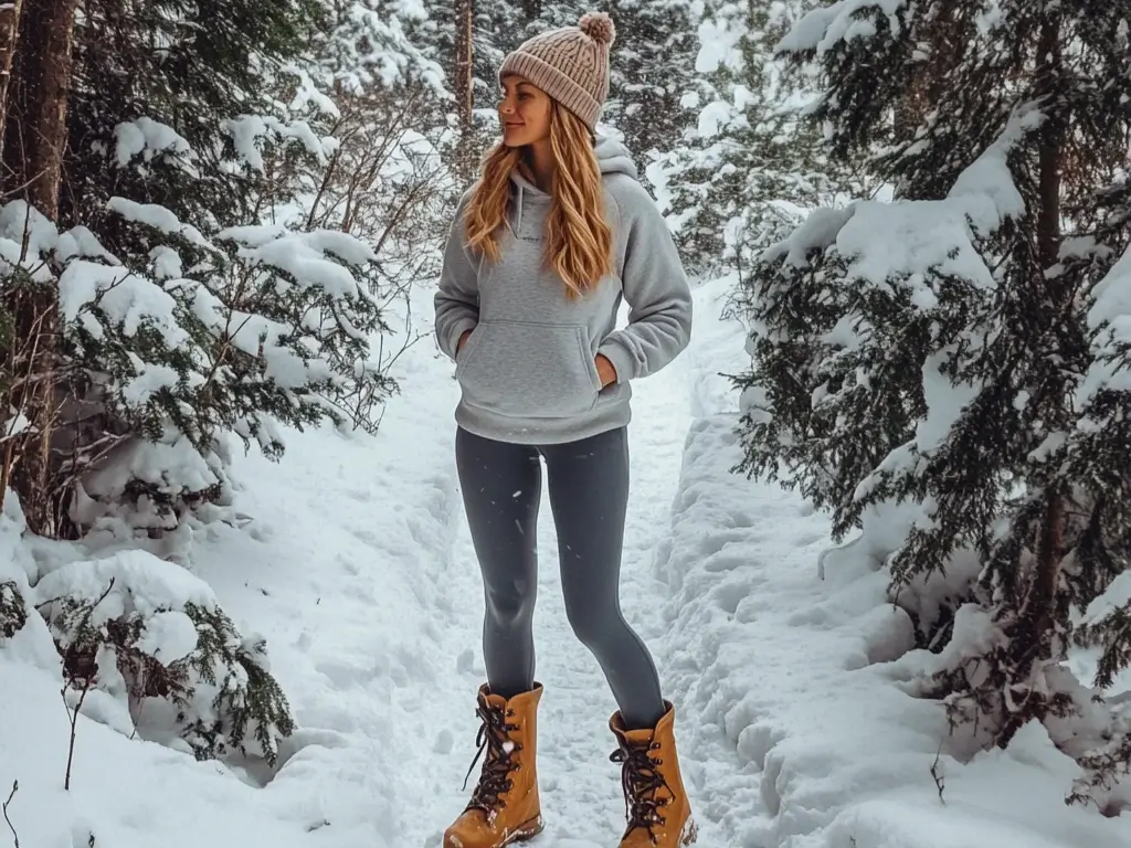 A woman standing on a snowy trail wearing a casual winter hiking outfit with fleece-lined leggings, a hoodie, waterproof boots, and a knitted beanie, surrounded by snow-covered trees.