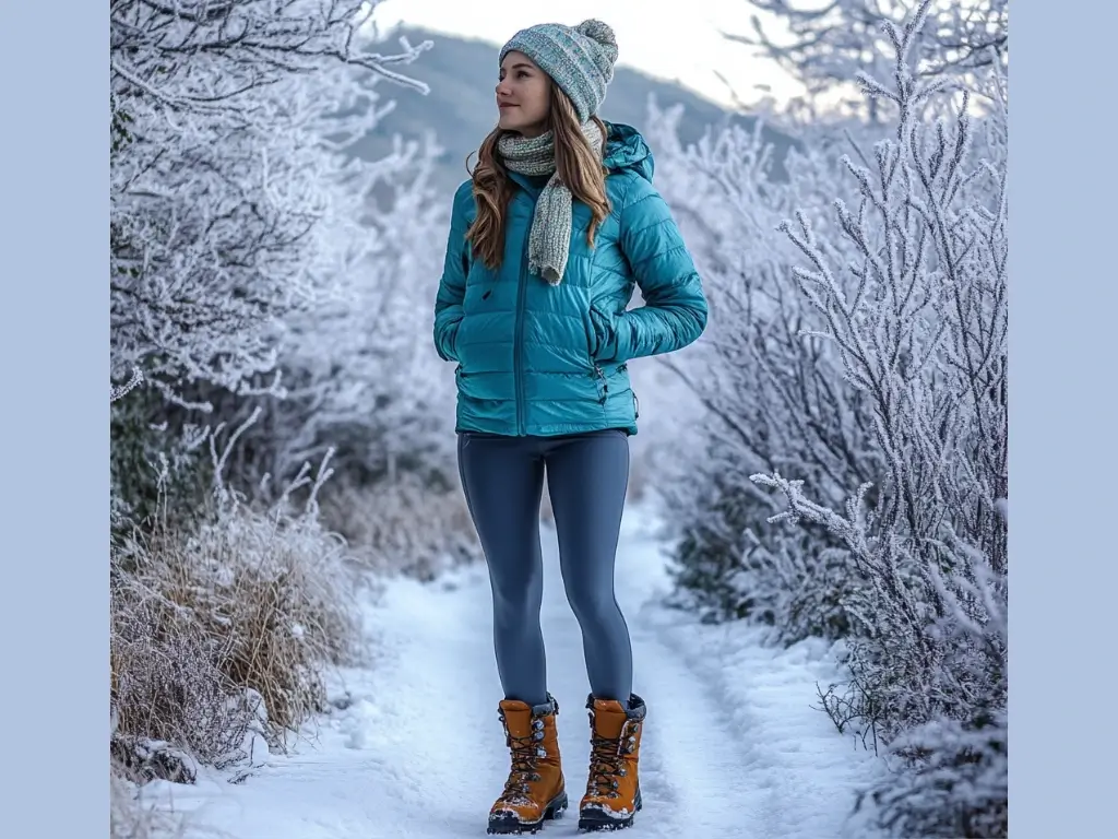 A woman on a snowy mountain trail wearing a bold insulated jacket, fleece-lined leggings, waterproof hiking boots, and a matching knitted beanie and scarf, surrounded by frosted trees. stylish hiking outfit winter