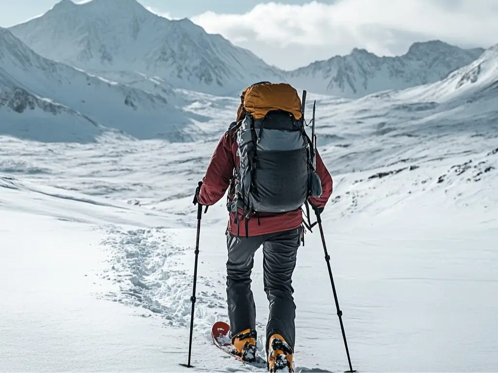 A winter trekker walking through deep snow in the mountains, wearing snowshoes, an insulated jacket, and carrying a large backpack with trekking poles. Winter Trekking