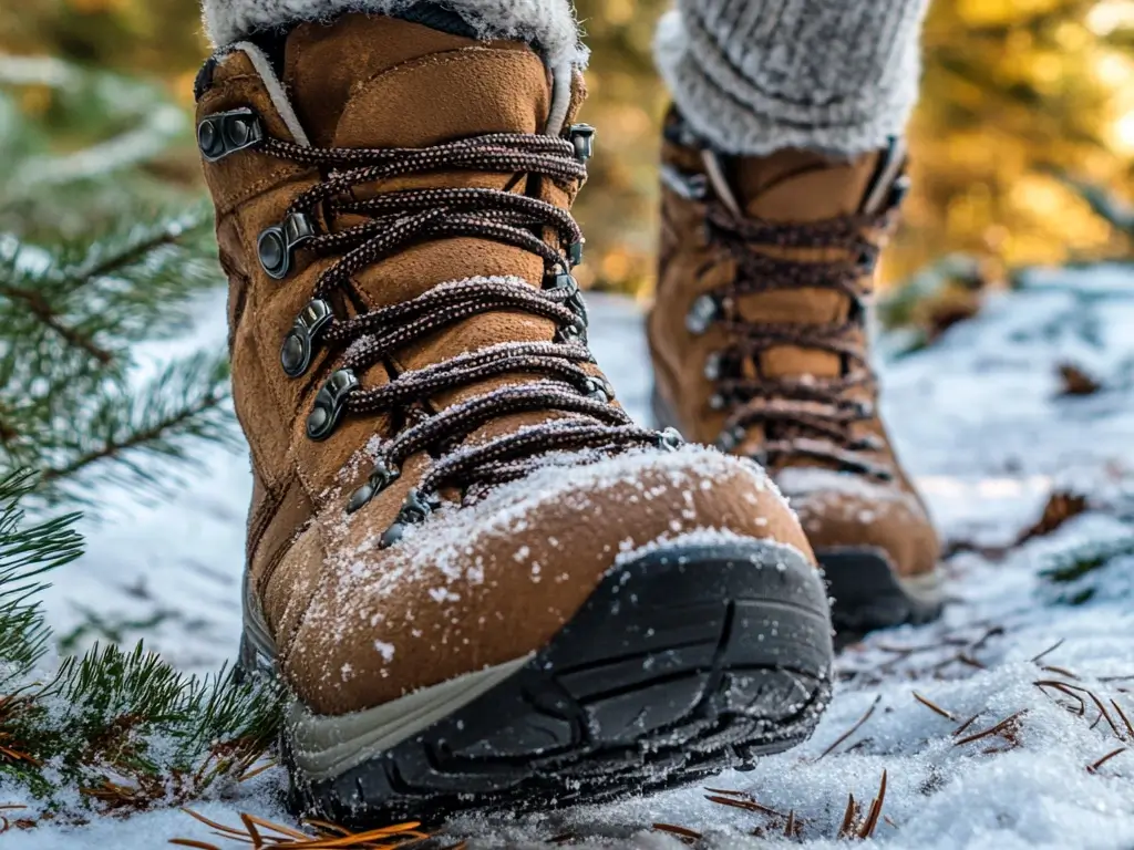 Close-up of insulated boots stepping on a snowy path with thick wool socks visible under fleece-lined hiking pants, set against an icy trail with scattered pine needles.