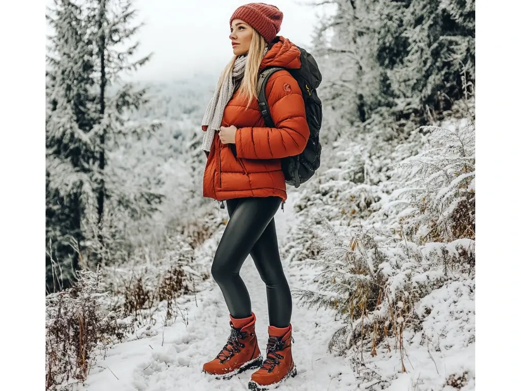 A woman on a snowy mountain trail wearing a bold insulated jacket, fleece-lined leggings, waterproof hiking boots, and a matching knitted beanie and scarf, surrounded by frosted trees. stylish hiking outfit winter