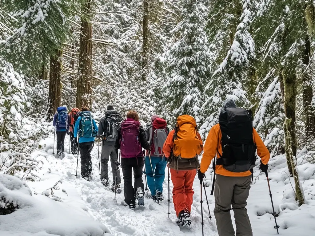 A group of hikers on a well-maintained snowy trail, wearing microspikes, colorful insulated jackets, and lightweight backpacks, surrounded by snow-covered trees. Winter Trekking