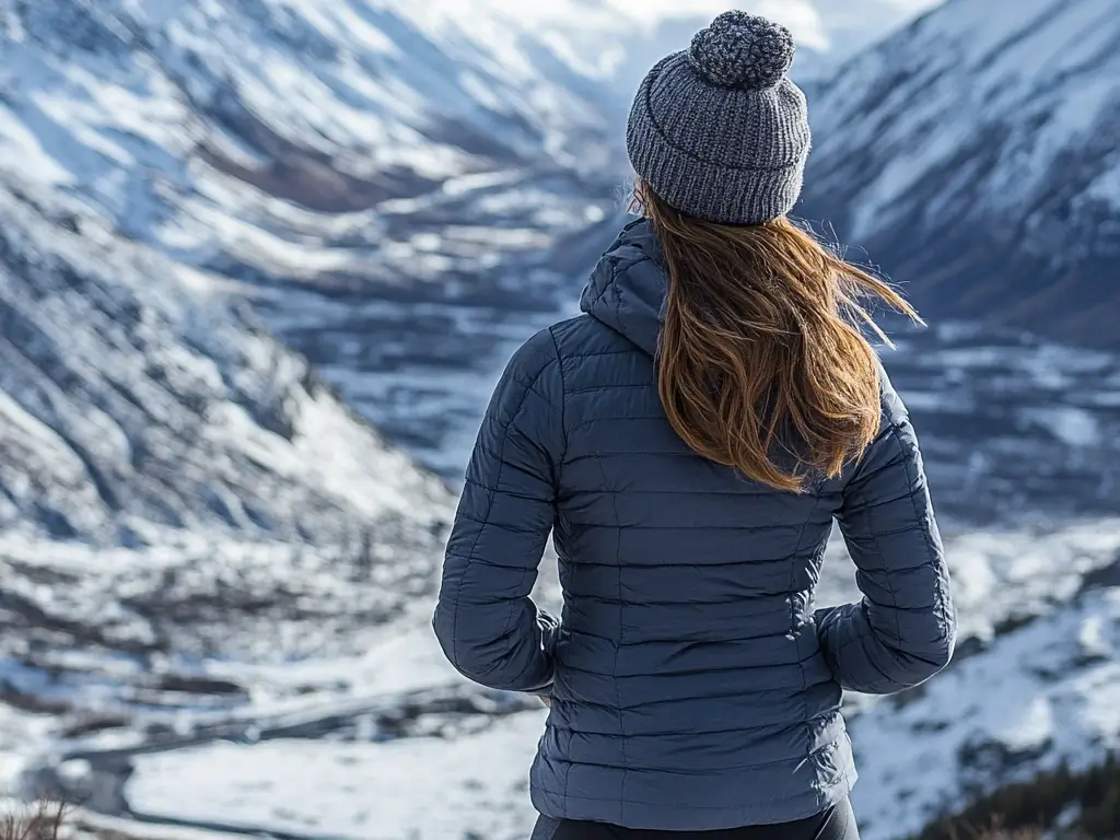 A woman adjusting her neck gaiter and gloves, wearing a frost-covered waterproof jacket while resting on a snowy trail in soft sunlight. hiking outfit winter women