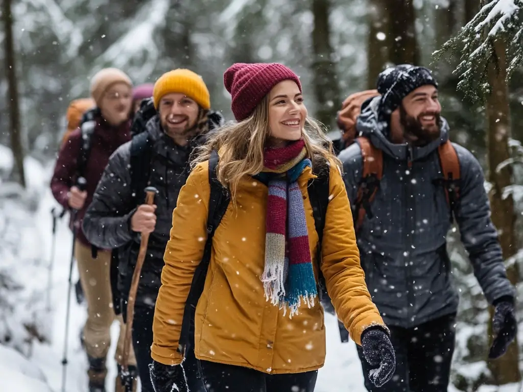 A group of friends hiking in a snowy forest, dressed in casual winter hiking outfits with matching beanies, colorful scarves, relaxed-fit jackets, and insulated boots.