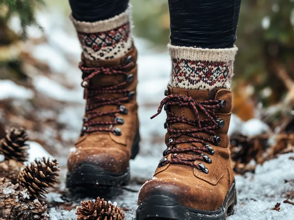 A hiker walking along a snow-dusted trail wearing a fitted waterproof parka, slim-fit hiking pants, and stylish gloves, with sunlight streaming through winter trees. stylish hiking outfit winter