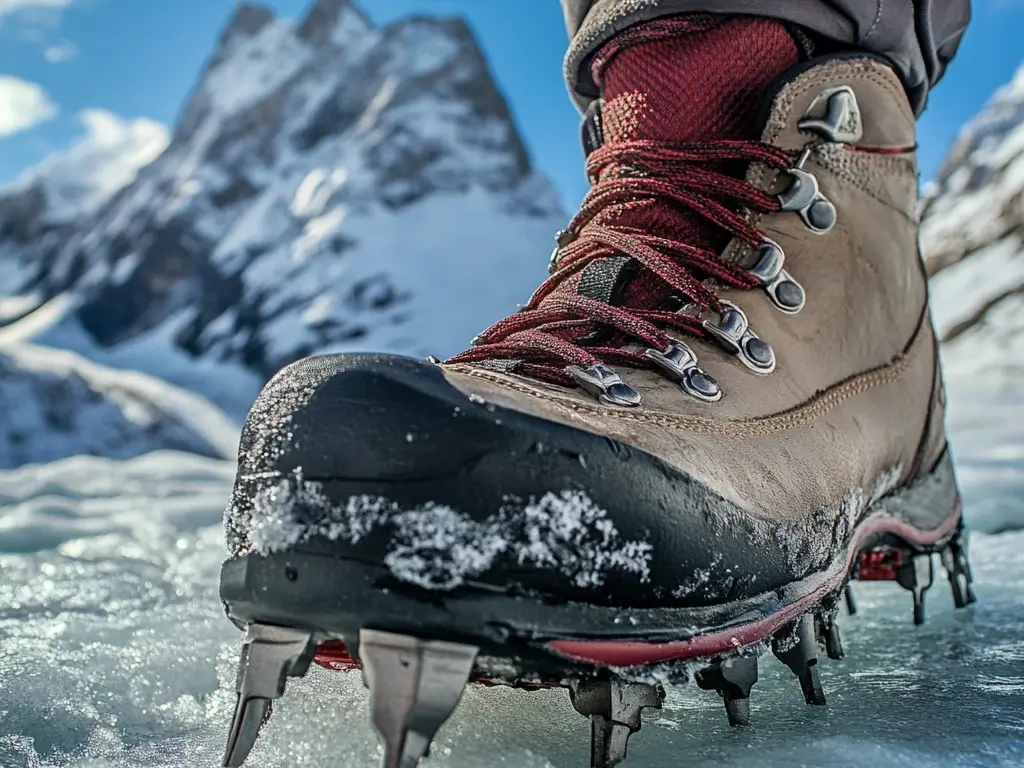 Close-up of insulated hiking boots with crampons gripping an icy trail, with snow-capped mountains in the background. Winter Trekking