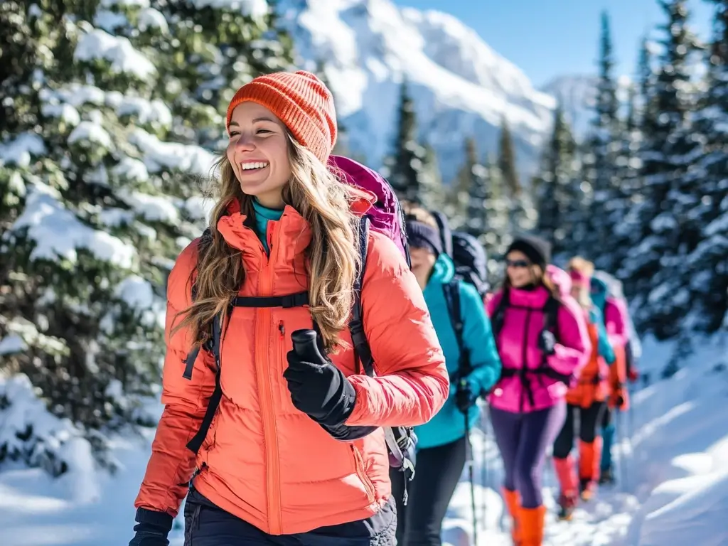 A group of women hiking through a snowy forest, all wearing colorful winter jackets, thermal pants, gloves, and beanies, enjoying the crisp mountain air under a clear blue sky. hiking outfit winter women