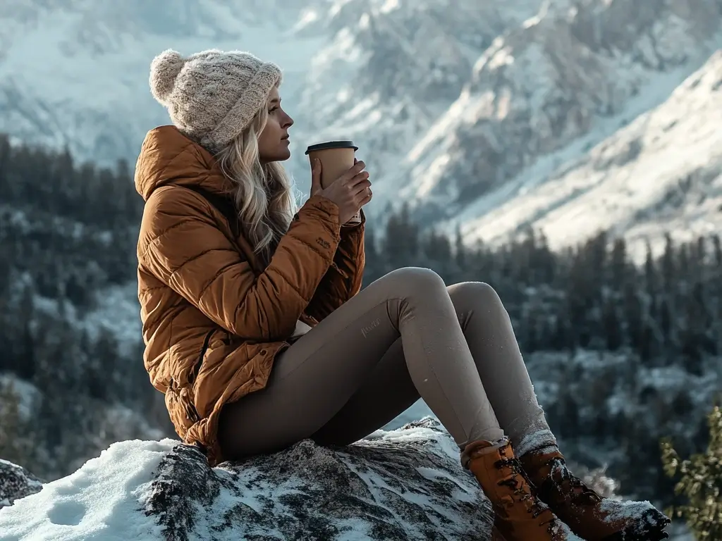 A solo hiker resting on a snowy rock, wearing a sherpa-lined zip-up hoodie, thermal leggings, a waterproof parka, and holding a cup of hot coffee, with snowy mountains in the background.