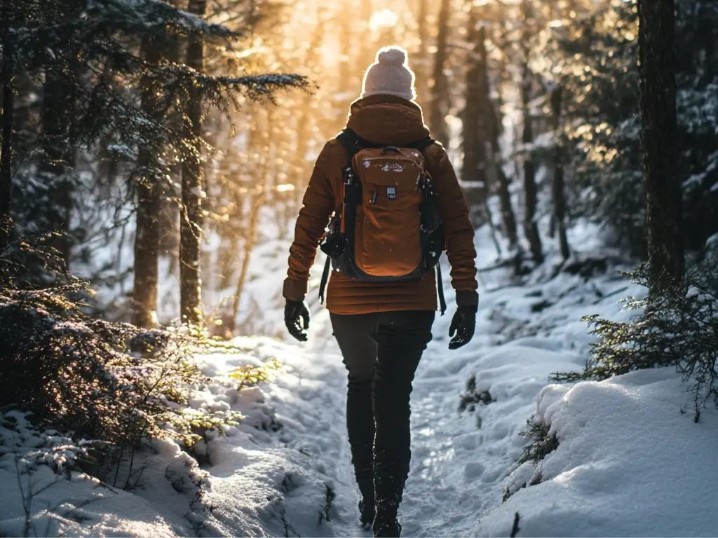 Close-up of stylish waterproof hiking boots with patterned wool socks visible above them, paired with thermal leggings, standing on a snowy path with ice crystals and pinecones scattered around. stylish hiking outfit winter