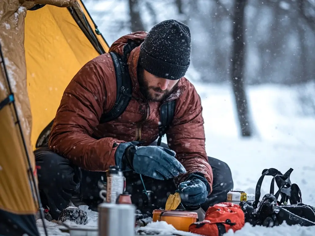 A winter trekker setting up camp in the snow, wearing a thermal jacket and gloves, with a tent and snow trekking gear in the background. Winter Trekking