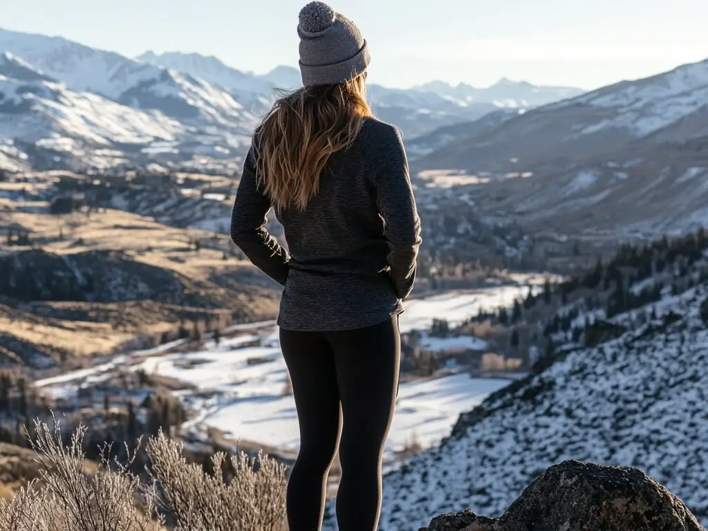 A woman adjusting her neck gaiter and gloves, wearing a frost-covered waterproof jacket while resting on a snowy trail in soft sunlight. hiking outfit winter women