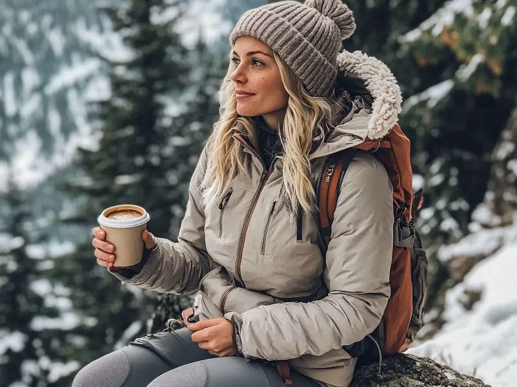 A solo hiker resting on a snowy rock, wearing a sherpa-lined zip-up hoodie, thermal leggings, a waterproof parka, and holding a cup of hot coffee, with snowy mountains in the background.