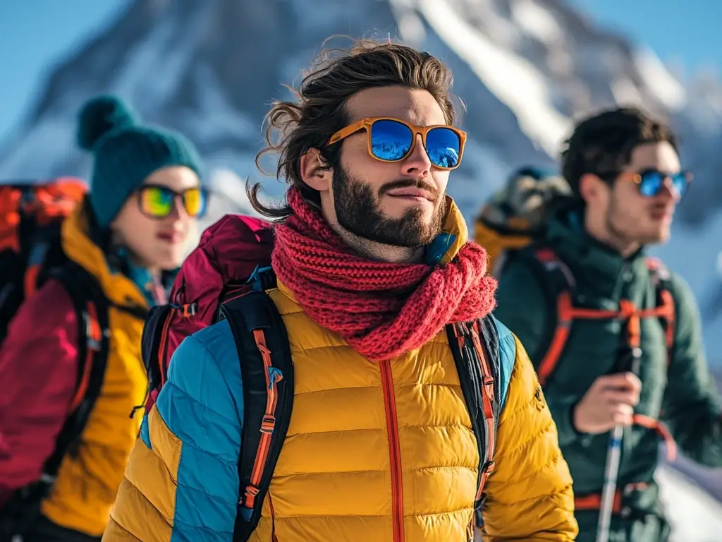 A group of friends hiking in the snowy mountains, dressed in stylish winter outfits with bright jackets, colorful scarves, and compact backpacks, with a snow-covered peak in the background. stylish hiking outfit winter