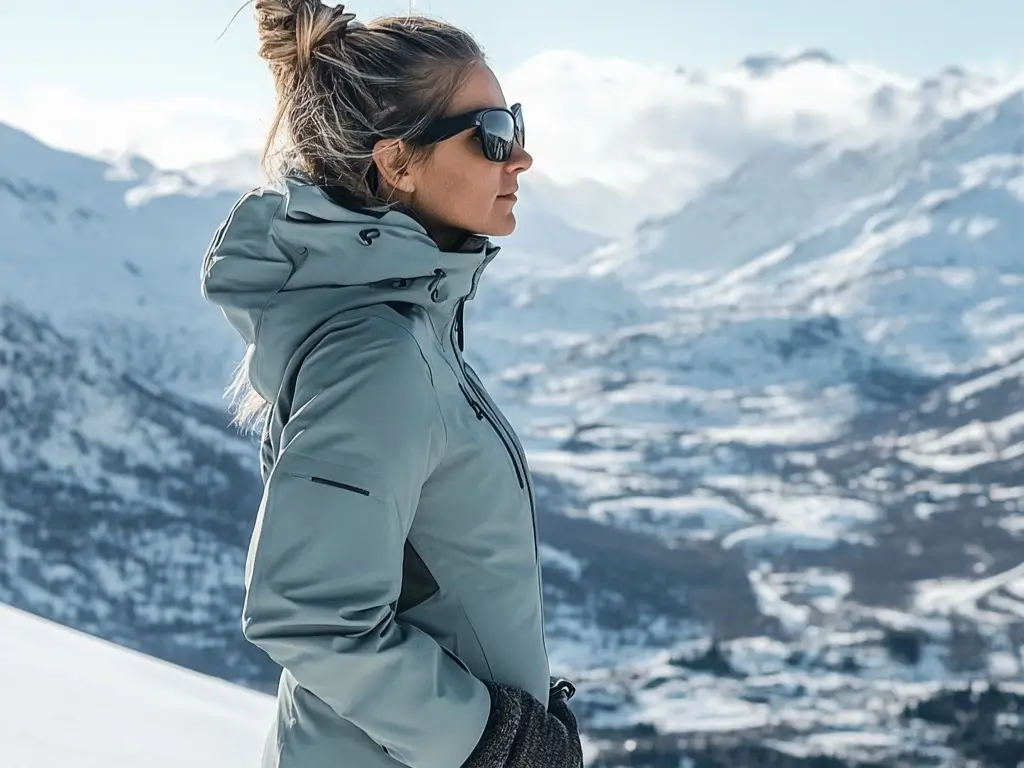 A woman in a waterproof jacket and fleece pants standing on a snowy ridge, wearing gloves and sunglasses, overlooking a snow-covered valley. hiking outfit winter snow