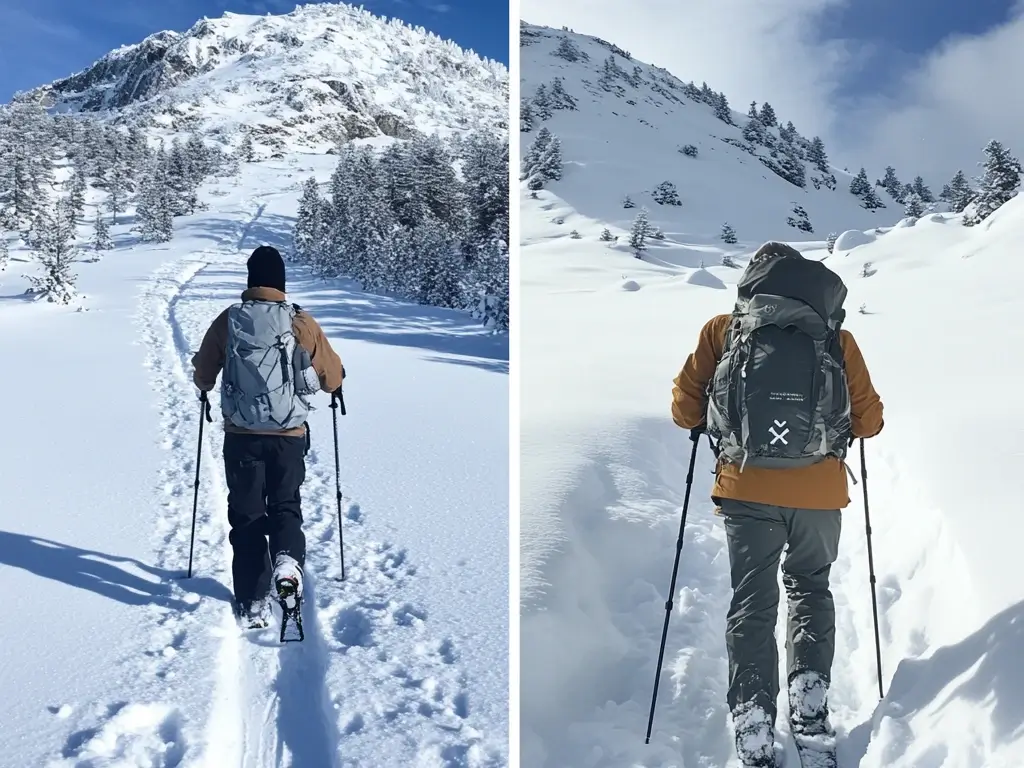 A comparison of snow hiking and winter trekking, showing a hiker on a snowy trail with microspikes and a trekker in deep snow with snowshoes and heavy gear. Winter Trekking