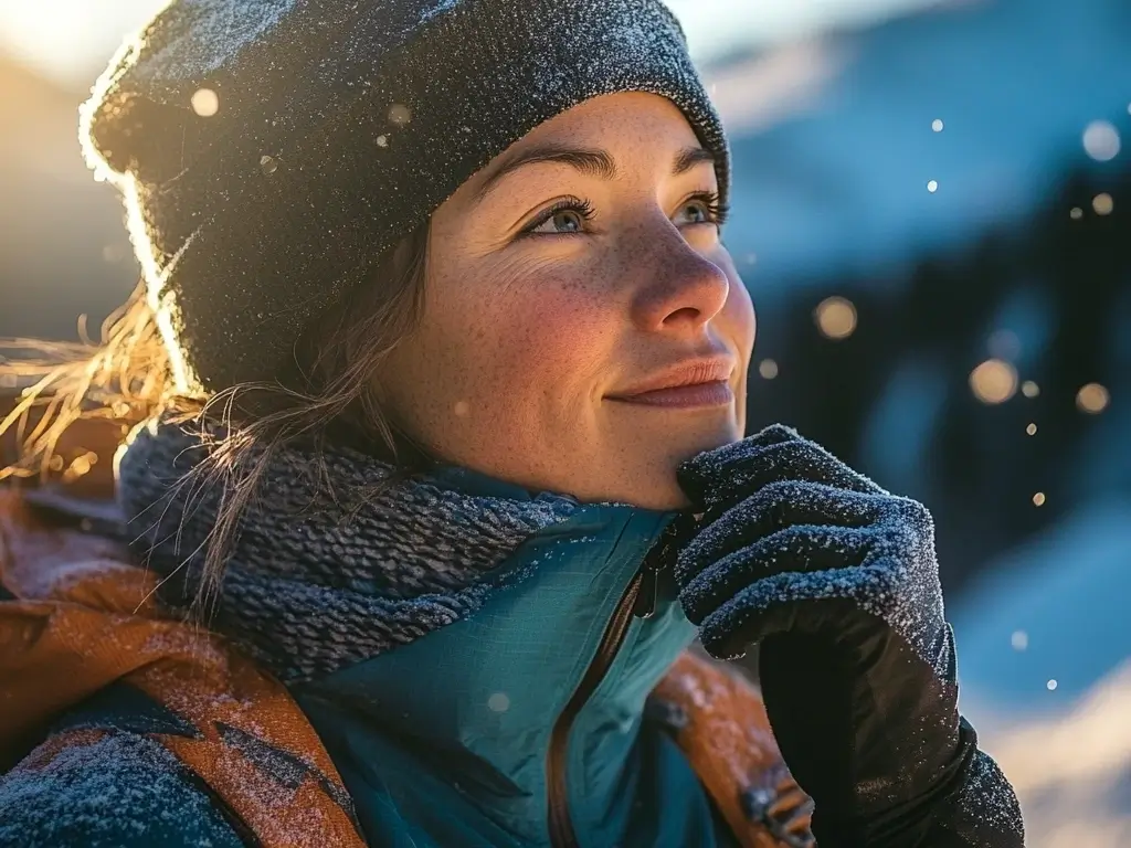 A solo hiker standing at a scenic overlook in the mountains, wearing a fitted fleece jacket, thermal leggings, and a beanie, gazing at the snow-covered valley below. hiking outfit winter women