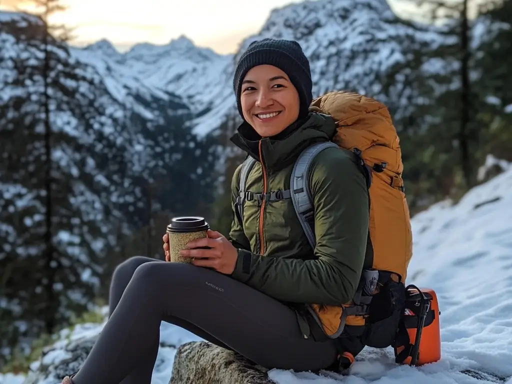 A solo hiker resting on a snowy rock, wearing a sherpa-lined zip-up hoodie, thermal leggings, a waterproof parka, and holding a cup of hot coffee, with snowy mountains in the background.