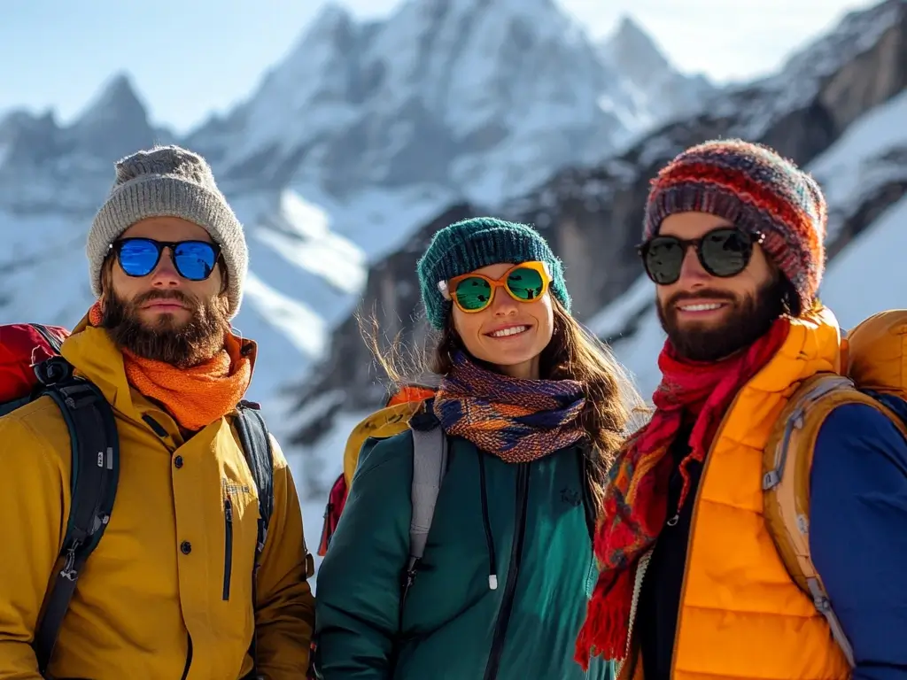 A group of friends hiking in the snowy mountains, dressed in stylish winter outfits with bright jackets, colorful scarves, and compact backpacks, with a snow-covered peak in the background. stylish hiking outfit winter