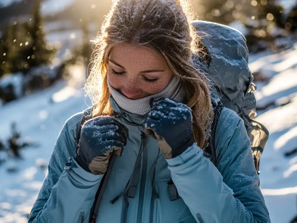 A solo hiker standing at a scenic overlook in the mountains, wearing a fitted fleece jacket, thermal leggings, and a beanie, gazing at the snow-covered valley below. hiking outfit winter women