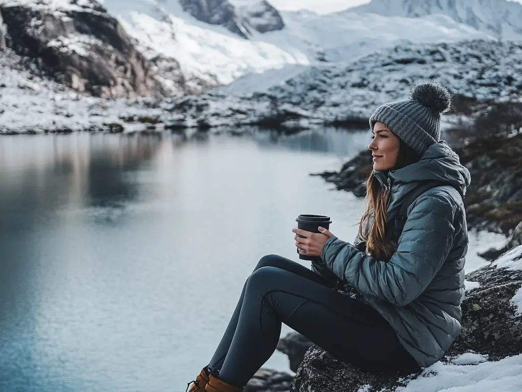 A solo hiker resting on a snowy rock, wearing a sherpa-lined zip-up hoodie, thermal leggings, a waterproof parka, and holding a cup of hot coffee, with snowy mountains in the background.