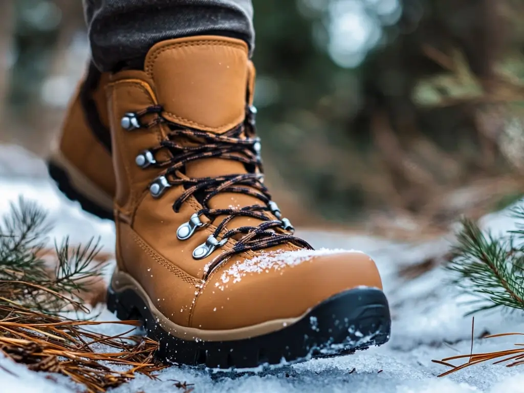 Close-up of insulated waterproof hiking boots walking on a snowy and icy trail with pine needles scattered on the ground. hiking outfit winter women