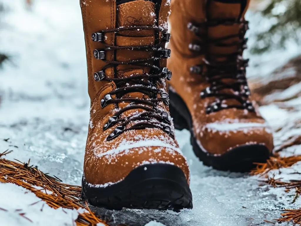 Close-up of insulated waterproof hiking boots walking on a snowy and icy trail with pine needles scattered on the ground. hiking outfit winter women