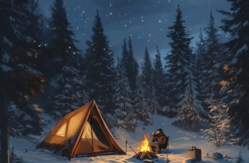 A glowing tent and campfire in a snow-covered forest with a camper wrapped in a blanket, enjoying a warm drink under the winter sky.