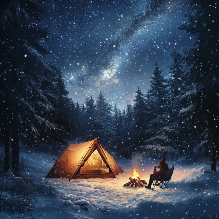 A glowing tent and campfire in a snowy forest with a camper in warm layers enjoying a hot drink under a starry winter sky. Winter Camping