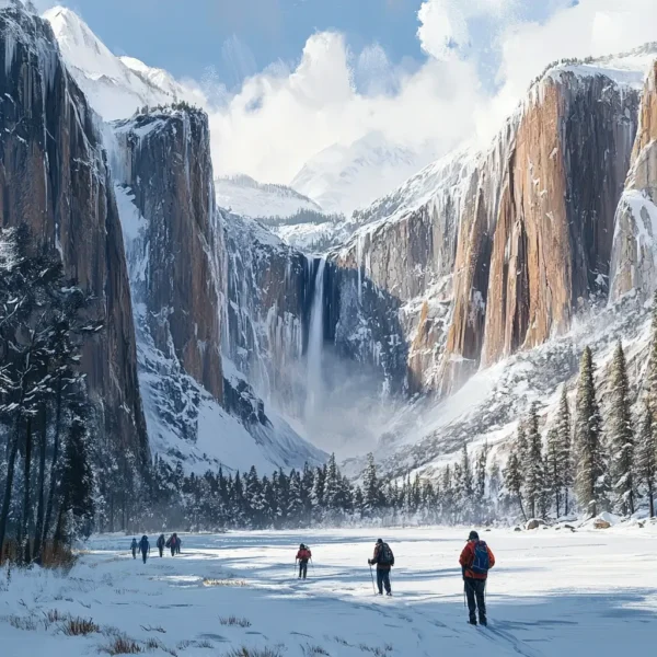A breathtaking winter view of Yosemite National Park, featuring snow-covered cliffs, frozen waterfalls, and hikers exploring the trail in insulated gear. Winter Hiking Destinations