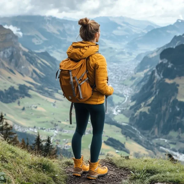 A woman in a stylish hiking boots outfit, featuring leggings, a fleece jacket, and sturdy boots, standing on a scenic mountain trail with a valley view. Hiking Boots Outfit