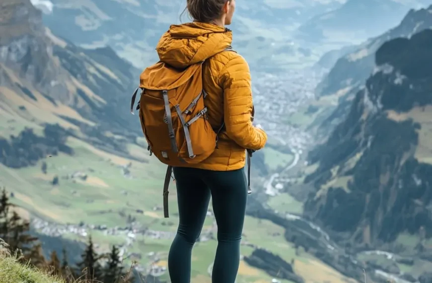 A woman in a stylish hiking boots outfit, featuring leggings, a fleece jacket, and sturdy boots, standing on a scenic mountain trail with a valley view. Hiking Boots Outfit