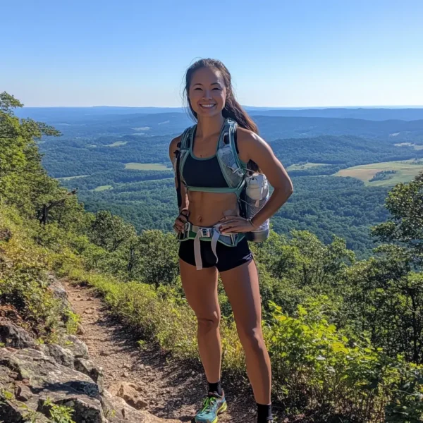 A woman in a stylish and breathable summer hike outfit, wearing a tank top, hiking shorts, and trail runners, standing on a mountain trail with a scenic valley view. hike outfit summer