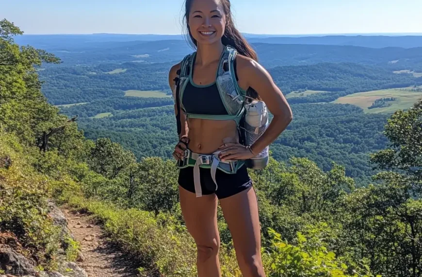 A woman in a stylish and breathable summer hike outfit, wearing a tank top, hiking shorts, and trail runners, standing on a mountain trail with a scenic valley view. hike outfit summer