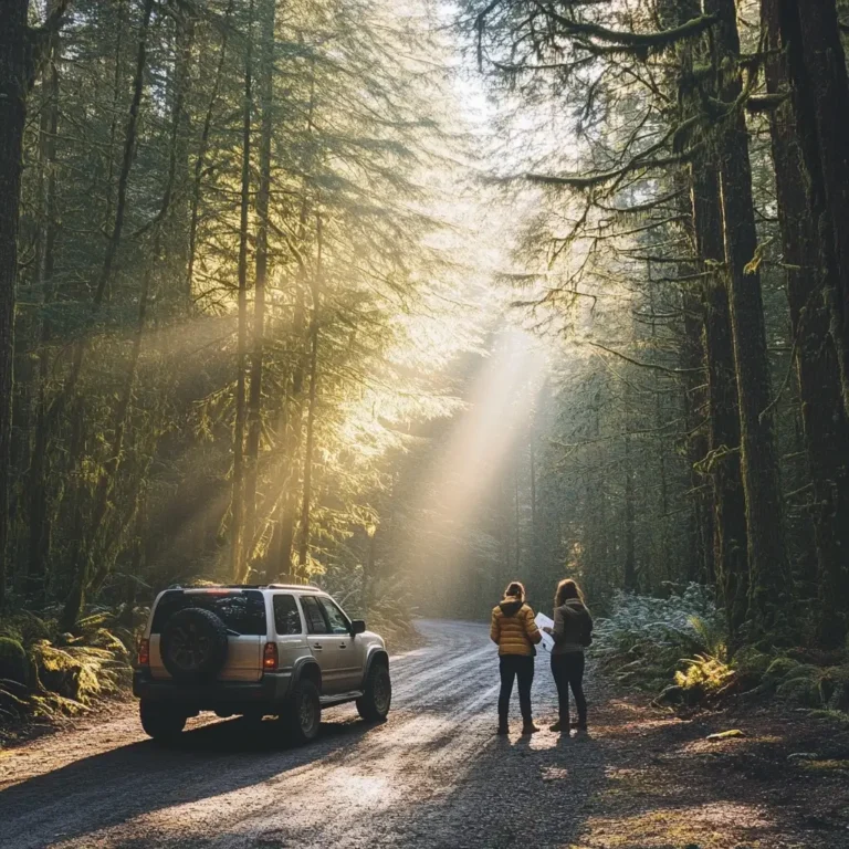 A group of friends planning a hiking stop on their spring road trip, standing beside an SUV on a sunlit forest road.